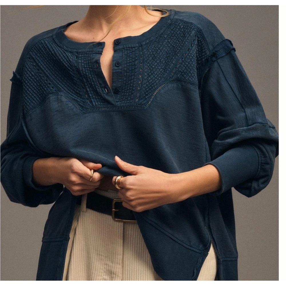 Anthropologie Pilcro Pintuck Henley Sweatshirt Sweater Navy Blue M/Medium Boho